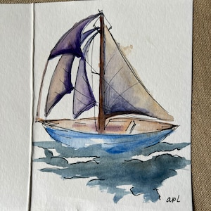 Cartão de aquarela pintado à mão, veleiro