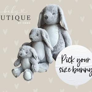 Personalised baby gift, soft plush grey bunny teddy toy, newborn present, birthday, babyshower, custom baby gift large medium small sizes