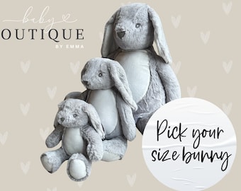 Personalised baby gift, soft plush grey bunny teddy toy, newborn present, birthday, babyshower, custom baby gift large medium small sizes