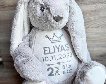 Personalised baby gift, soft plush grey bunny large teddy toy, newborn present, birthday, babyshower, custom baby gift