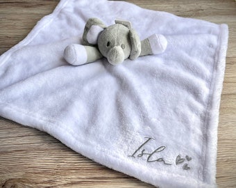 Personalised baby comforter white & grey elephant, baby gift, soft plush fleece blanket newborn present, birthday, babyshower, keepsake