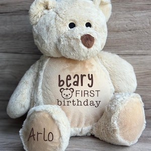 Personalisierter erster Geburtstag Teddybär Beary erster Geburtstag, weicher Plüschteddy, Braunbär Geburtstagsgeschenk