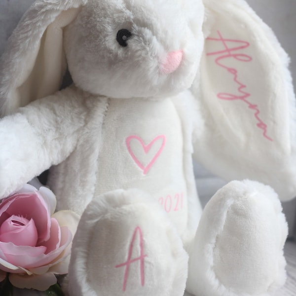 Personalisierter weiß rosa Plüsch Hase, Stofftier Kaninchen, Teddy Plüsch, neues Babygeschenk, Ostergeschenk, Geburtstagsgeschenk, Kinder, Brauch
