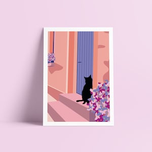 Illustration imprimée CHAT ET FLEURS