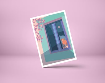 Postcard DOG AND WINDOW