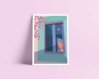 Gedruckte Illustration mit Hund und Fenster
