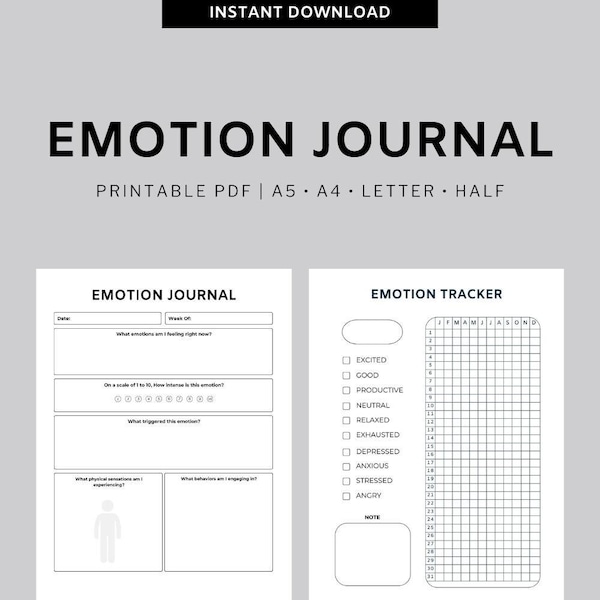 Printable Emotion Journal, Digital Mood Tracker, Anger Journal Prompts, Therapy Guided Journal PDF, Emotional Diary, Depression Journal