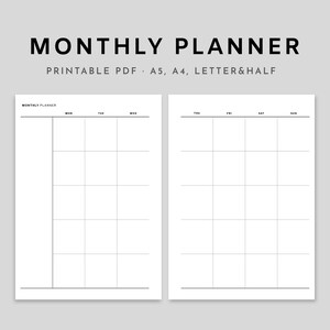 Planificador mensual minimalista imprimible, calendario de dos páginas sin fecha PDF, mes simple en insertos de dos páginas, mes de un vistazo, A5• A4 • Carta