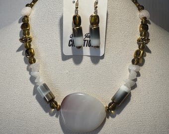 Golden Glow Statement Necklace & Earrings Set, White Agate, Gold Accent Beaded Jewelry
