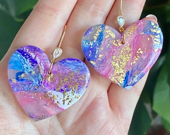 Purple Marble clay heart earrings, CZ gold filled hook, iridescent clay earrings, Lightweight Jewelry