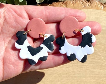 Cow print arch earrings, Polymer clay earrings, Western Style, farm animal jewelry, country earrings, gifts for animal lovers