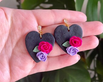 Heart floral dangles, Black Heart polymer clay earrings, Elegant earrings, Lightweight earrings, Gifts for girlfriends, Love Valentines