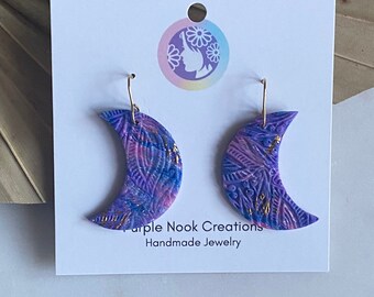 Purple Clay Moons, Celestial earrings, Lunar earrings, crescent moon jewelry, clay art, gifts for friends, gifts for moon lovers