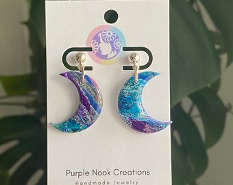 Celestial moon earrings, Polymer clay jewelry, Statement earrings, Bohemian jewelry, Lunar earrings, handcrafted gifts, gifts for her