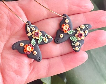 Custom Order Butterfly Polymer Clay earrings, Eclectic Jewelry, Black butterflies, Detailed earrings, 24k gold filled hoops, Friend gifts