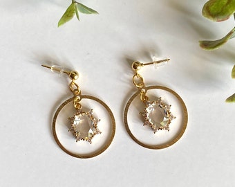 GOLD Vintage crystal glass charm earrings with 24k gold plated ball studs, gold hoop dangle earrings, elegant earrings, gifts for women