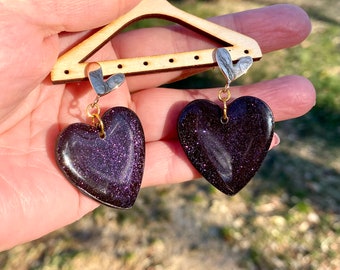 Black glitter clay heart earrings, Gold filled heart studs, Vday earrings, love earrings, gift for women, glitter earrings, Heart Dangles