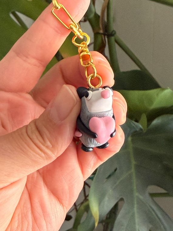Possum keychain, clay handcrafted bag charm, purse charms, mini opossum charm, unique handmade gift, possum lovers, gold