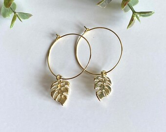 LEAF gold charm earrings, tiny hoop earrings, tiny huggie earrings, gold filled earrings, Boho gold earrings, Summer earrings, gifts for her