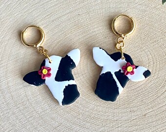 Cow Head earrings, Cow with flower earrings, Statement Jewelry, Cow lovers, Animal print jewelry, gifts for farm animal lovers, Lightweight