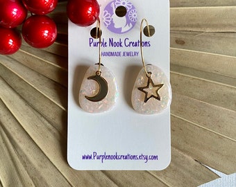 Opal clay earrings, Moon & Star earrings, Perfect gift for, 24k gold filled hoops, Polymer Clay Lightweight earrings, Celestial Jewelry