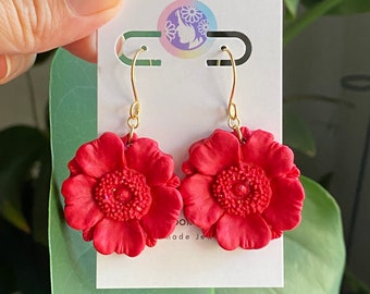 Red flower earrings, every day earrings, lightweight flower dangle earrings, gifts for her, Gold filled hook earrings, dainty earrings, boho