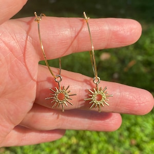 Gold sun dangle earrings, Celestial gold sun dangle earrings, 24k gold filled earring hoops, sun jewelry, Sun earring gifts