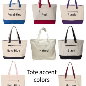 May include: A collection of canvas tote bags in various accent colors. Each bag features a zippered pocket and matching handles. Colors include royal blue, red, purple, navy blue, natural, black, light pink, and maroon. The text "Tote accent colors" is also displayed.
