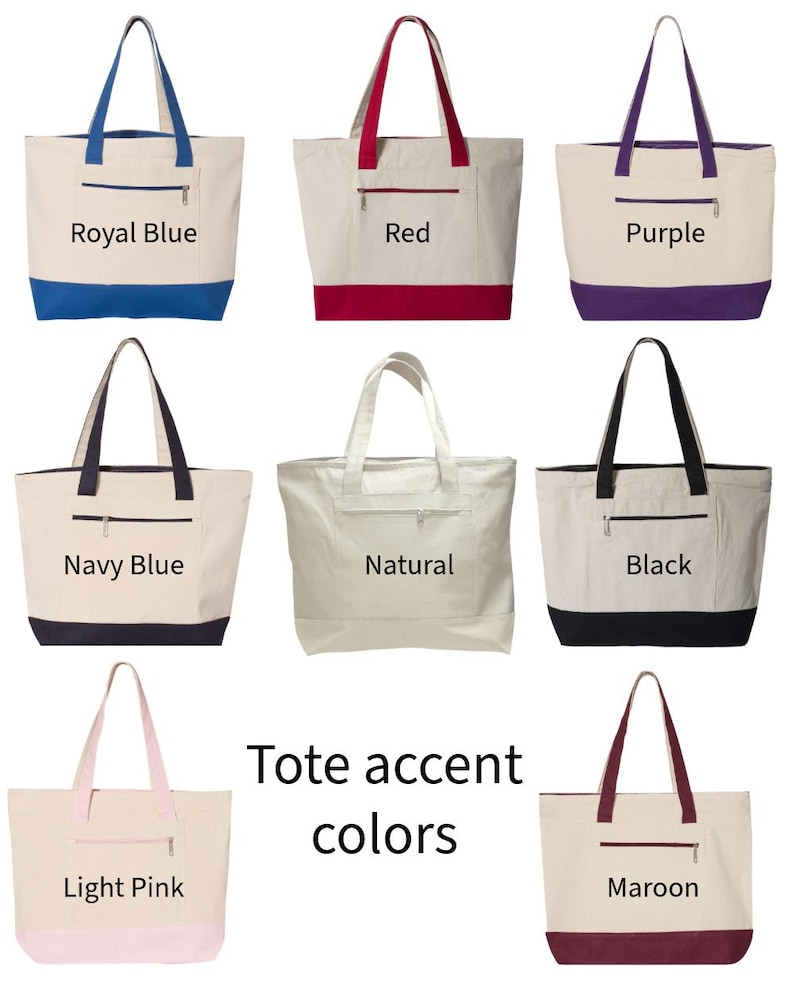 May include: A collection of canvas tote bags in various accent colors. Each bag features a zippered pocket and matching handles. Colors include royal blue, red, purple, navy blue, natural, black, light pink, and maroon. The text "Tote accent colors" is also displayed.