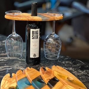 Olive Wood and Resin Wine Glass Caddy, Wine Glass Holder, Gift for Couple, Anniversary Gift, Engagement Wedding Gift, Housewarming Gift