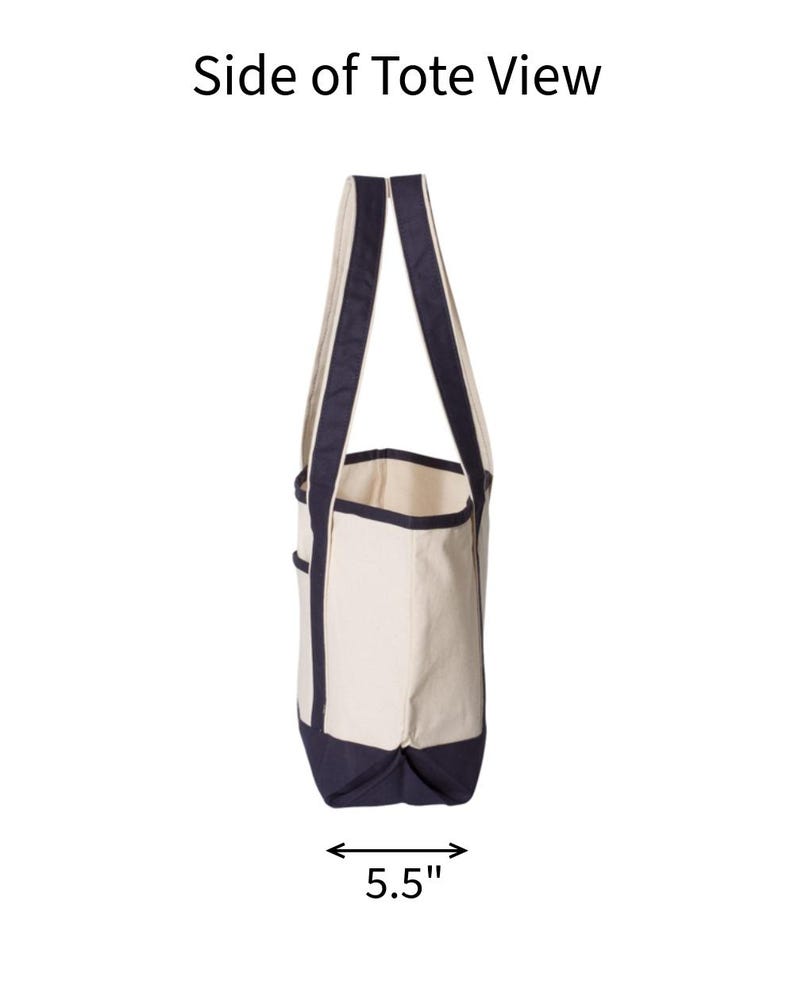 May include: Side view of a canvas tote bag with a cream-colored body and navy blue accents. The bag has navy blue handles and a navy blue bottom. The bag is 5.5 inches wide.