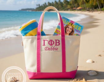 Gamma Phi Beta Embroidered Personalized Canvas Tote Bag with Zippered Top, Sorority Rush Week Gift, Big Little Sis Bid Day Gift, Custom Tote