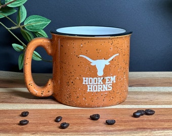 Personalized Sand Carved Deep Etched University of Texas Hook &#39;Em Horns Camp Style Coffee Mug, Mothers Day Fathers Day Gift, Graduation Gift