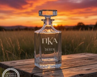 Personalized Sand Carved Pi Kappa Alpha Fraternity Square Glass Decanter, Groomsman Gift, Pike Graduation Gift, Pike Whiskey Decanter