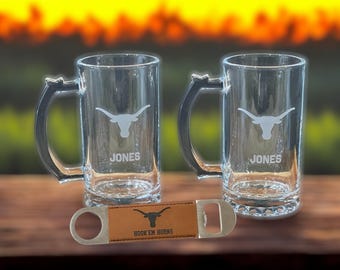 Personalized Engraved Sand Carved University of Texas Beer Mug Set with Gift Box, UT Longhorn Graduation Gift, Fathers Day Gift, Dad Gift