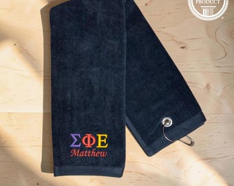 Personalized Embroidered Sigma Phi Epsilon Fraternity Golf Towel, SigEp Gift for Golfer, Graduation Gift, New Pledge Gift for Frat Brother
