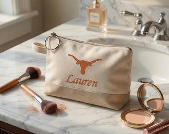 University of Texas Custom Personalized Embroidered Cosmetic Bag, Makeup Travel Kit, Longhorn Graduation Gift, High School Grad Gift for Her