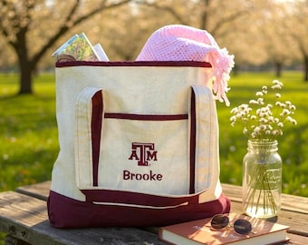 XL Texas A&M Personalized Embroidered Canvas Tote Bag, Graduation Gift, Aggie Fan Gift, Gig &#39;Em Tote, Back to School Tote, Beach Tote Bag