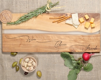 Olive Wood Board with Resin, Personalized Custom Rustic Charcuterie Board, Engraved Cheese Tray, Engagement Wedding Gift, Housewarming Gift