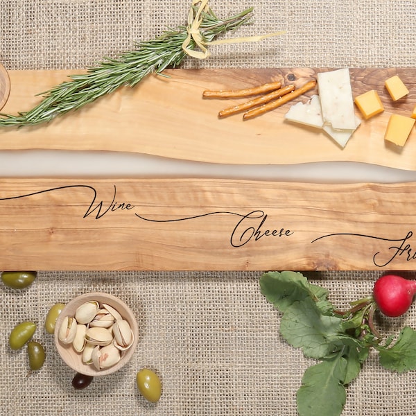 Olive Wood Board with Resin, Personalized Custom Rustic Charcuterie Board, Engraved Cheese Tray, Engagement Wedding Gift, Housewarming Gift