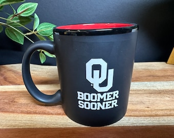 Personalized Sand Carved Deep Etched OU Boomer Sooner Coffee Mug, University of Oklahoma Graduation Gift, Fathers Day Gift,  OU Fan Mug