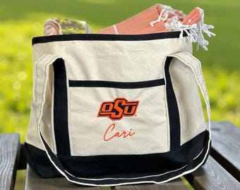 Oklahoma State University Personalized Embroidered Canvas Tote Bag, OSU Graduation Gift, OSU Cowboys Tote, Back to School Tote, Beach Bag