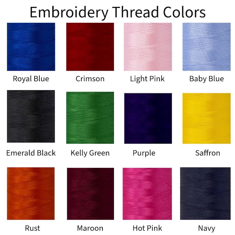 May include: Image of embroidery thread spools in various colors, including Royal Blue, Crimson, Light Pink, Baby Blue, Emerald Black, Kelly Green, Purple, Saffron, Rust, Maroon, Hot Pink, and Navy. The text "Embroidery Thread Colors" is at the top.