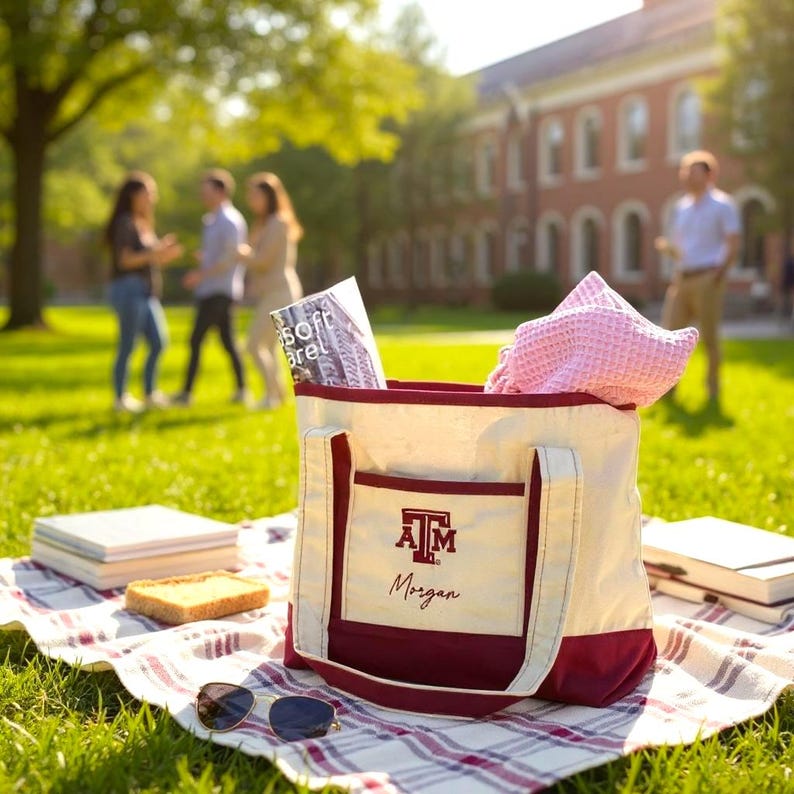May include: A cream-colored tote bag with maroon accents, featuring the text "A&M Morgan" and a logo. The bag is filled with items and sits on a checkered blanket with sunglasses, books, and food. People are in the background.