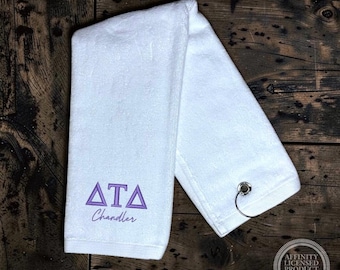 Personalized Embroidered Delta Tau Delta Fraternity Golf Towel, Golfer Gift, Graduation Gift, Initiation New Pledge Gift for Frat Brother
