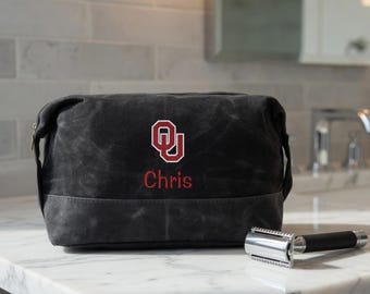 University of Oklahoma Personalized Embroidered Waxed Canvas Dopp Shaving Kit, Men's Custom Travel Toiletry Bag, Graduation Gift