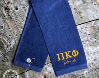 Personalized Embroidered Pi Kappa Phi Fraternity Golf Towel, Gift for Golfer, Graduation Gift, Initiation New Pledge Gift for Frat Brother