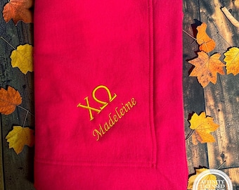 Chi Omega Embroidered Stadium Blanket, Personalized Fleece Throw, Custom Sorority Blanket, Gift for Big Little, Dorm Decor, Bid Day Gift
