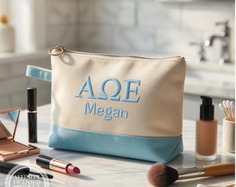 Alpha Omega Epsilon Embroidered Personalized Canvas Cosmetic Bag with Zip Top, Sorority Rush Week Gift, Big Little Sis Bid Day, Makeup Bag