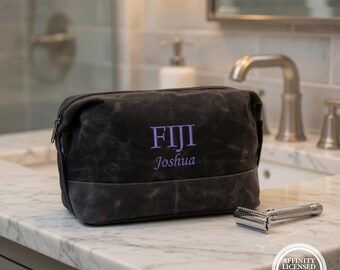 Phi Gamma Delta Personalized Embroidered Waxed Canvas Toiletry Bag, Men's Custom Travel Shaving Kit, Graduation Gift, FIJI Dopp Kit